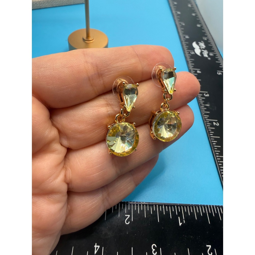 Gold Tone Yellow Crystal Teardrop Round Dangle Drop Earrings Formal Jewelry - Picture 2 of 6